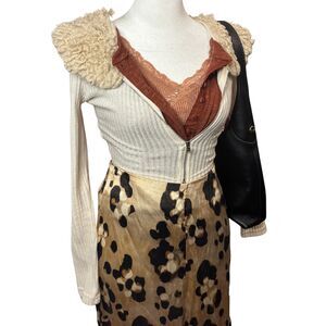 Y2K Cropped Zip-Up Jacket Faux Fur Collar Cream XS